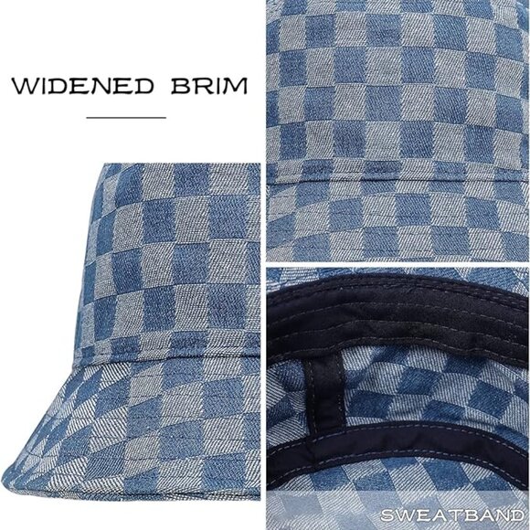Blue Checkered Pattern Denim Bucket Hat OS New main image 4